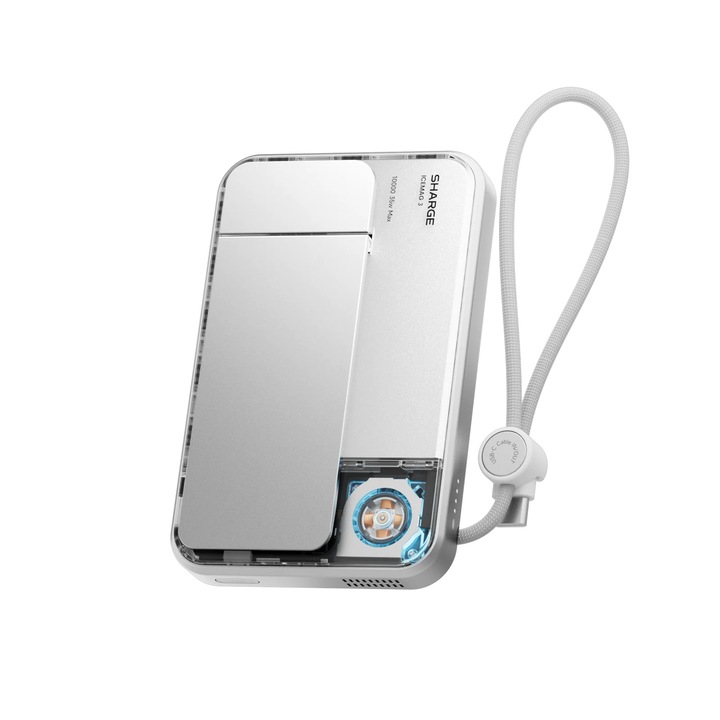 Power Bank Mágneses Töltő ICEMAG 3 10 000 mAh – Qi2 25 W Vezeték Nélküli Töltés, USB‑C + Beépített Kábel, Aktív Hűtés, Dinamikus RGB & Beépített Állvány – Kompakt és Erőteljes, Fehér