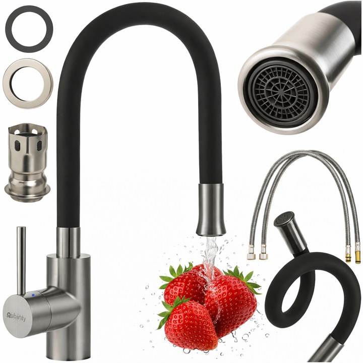 Baterie de bucatarie NewTech, flexibil 360°, aerator, negru/argintiu, 55.5 x 8 x 3 cm