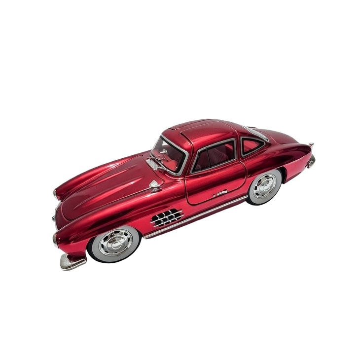 Macheta auto Mercedes-Benz 300 SL Gullwing, rosu metalic, scara 1:18, portiere gullwing, lumini LED