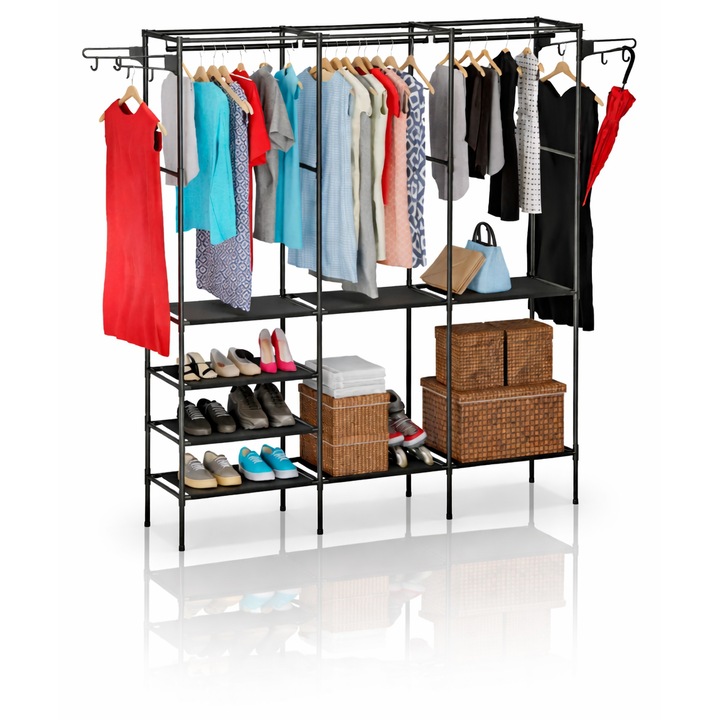 Suport haine metalic Adessna, dulap deschis, 3 rafturi textile, 6 cârlige laterale, negru, 125x43x173cm