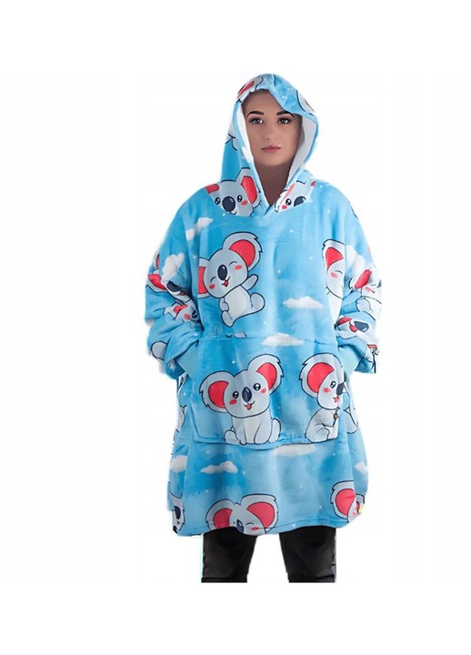 Унисекс одеяло-суитшърт Koala XXL oversize, син, мек и плътен с качулка