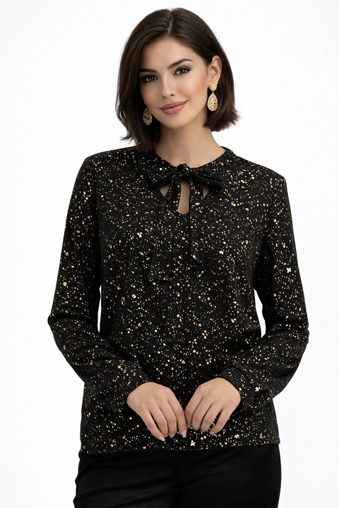 Кадифена блуза със златни елементи, свободна кройка и яка тип шал, Черен | Златист