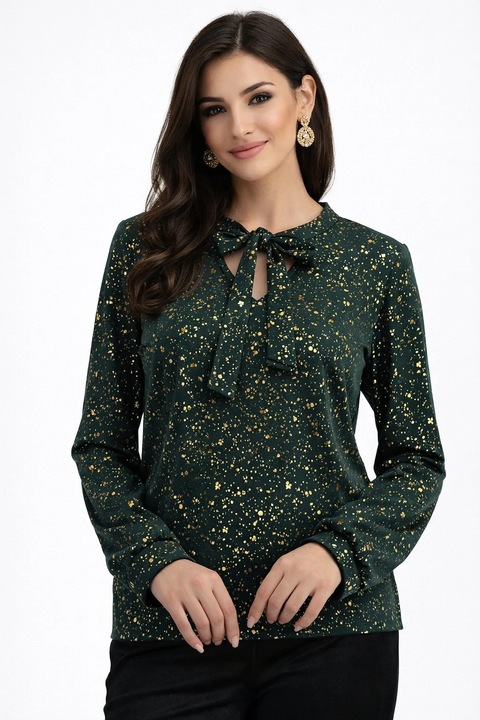 Кадифена блуза със златни елементи, свободна кройка и яка тип шал, Зелен | Златист