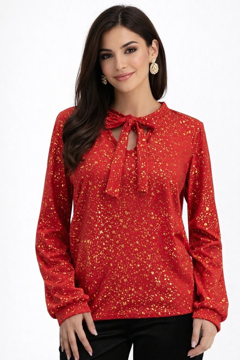 Кадифена блуза със златни елементи, свободна кройка и яка тип шал, Червен | Златист