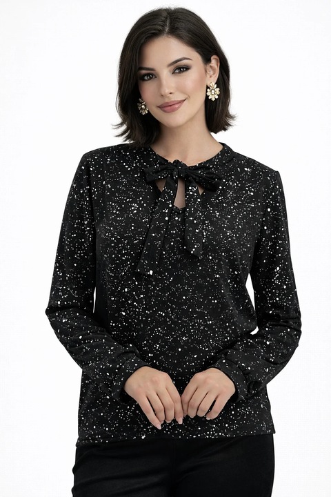 Кадифена блуза със златни елементи, свободна кройка и яка тип шал, Черен | Сребрист