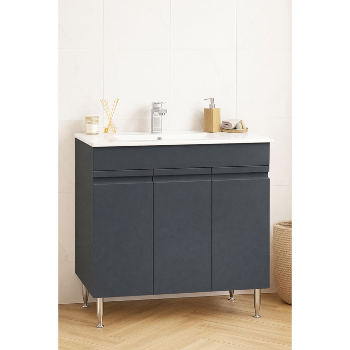 Mobilier de baie Baza si lavoar MDF cu soft-close, Badenmob, seria 086, 80x81x46cm, Antracit
