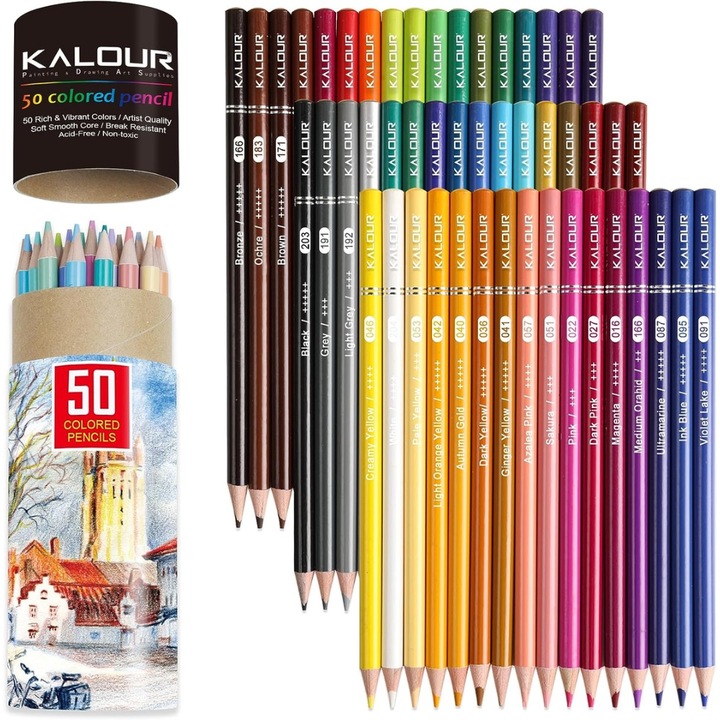 Set Creioane Colorate Kalour, 50 Bucati, Mina Moale, Multicolor, Lemn Ecologic