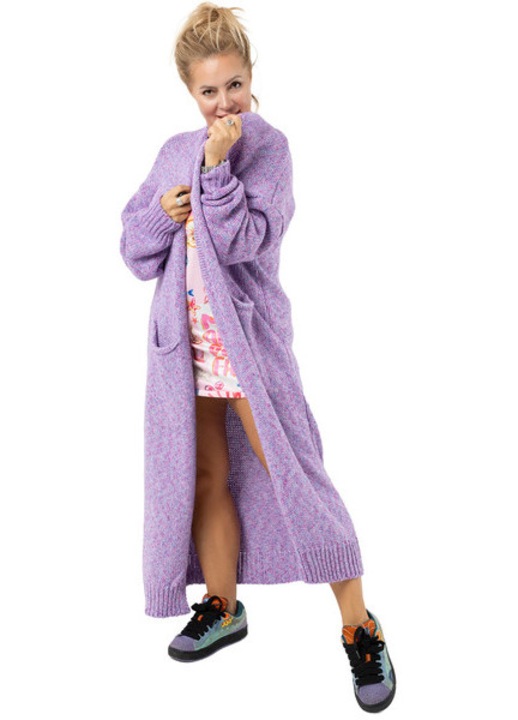 Cardigan maxi lung AURORA mov melanj, tricotaj gros cu lana, croiala oversize, buzunare aplicate, unisex