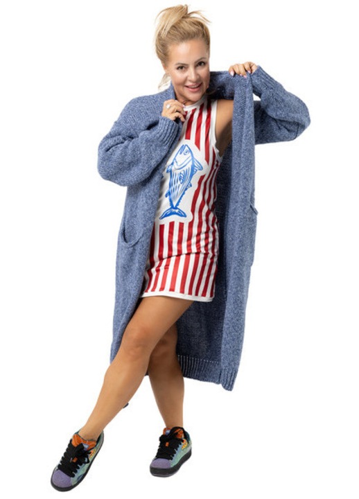 Cardigan maxi AURORA albastru melanj tricot gros cu lână, croiala oversize, buzunare aplicate, unisize