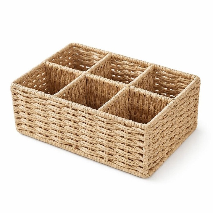 Cutie de depozitare RAC, ratan, 6 compartimente, bej, 26x17x10cm