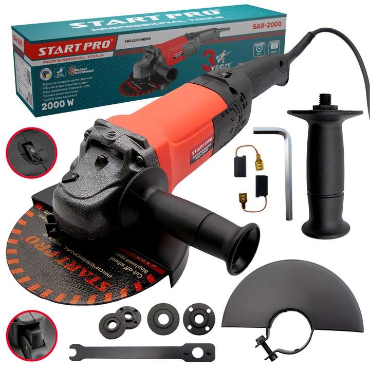 Polizor unghiular StartPro SAG-2000, 1400W, 8500rpm, 180mm, culoare rosu si negru, cu variator