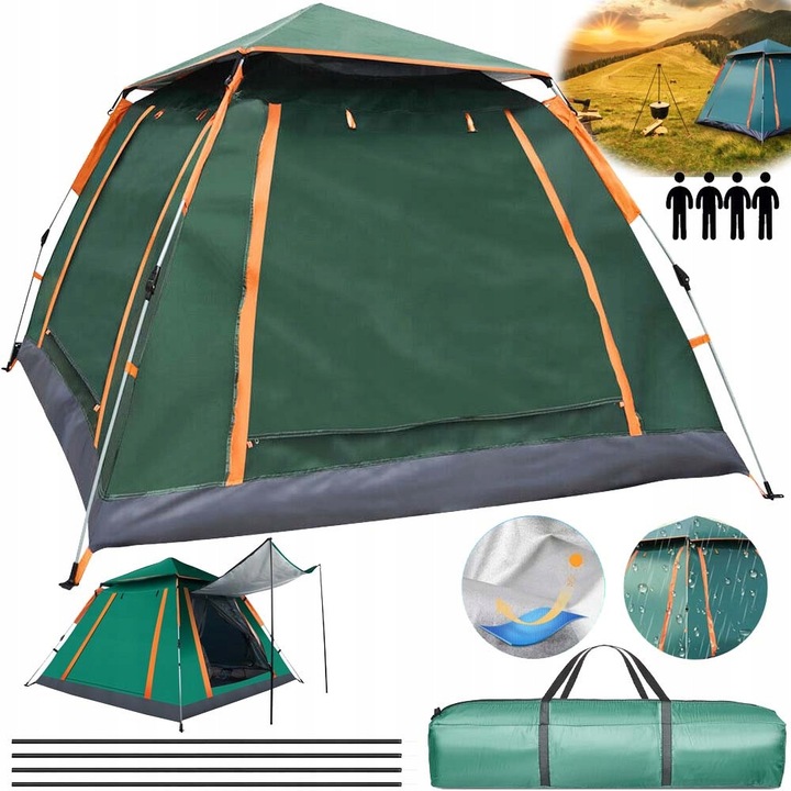 Cort camping, automat, 3-4 persoane, impermeabil, verde inchis, 205x205x145cm, Geaca dubla impermeabila, rezistenta la vant si cu protectie UV, potrivita pentru activitati in aer liber precum drumetii, alpinism, camping si pescuit.o geanta portabila