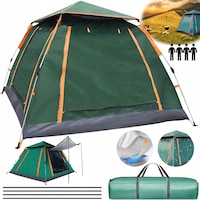 Cort camping automat, 3-4 persoane, 205x205cm, material 210D impermeabil, 2 usi si 2 ferestre cu plasa, copertina soarelui, set complet cu tepi, franghii si geanta transport, Potrivit pentru camping, drumetii etc