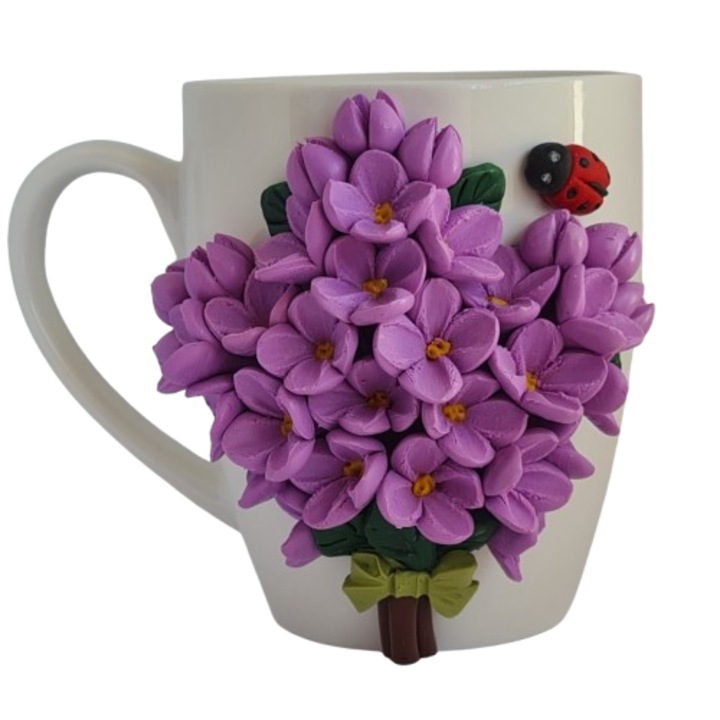 Cana persoalizata, flori de liliac mov deschis, cu buburuza, handmade, lut polimeric Fimo, 300 ml