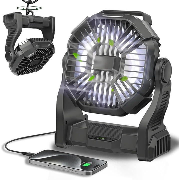 Hordozható ventilátor, YSBER®, 10000mAh akkumulátorral, LED lámpával, 4 sebességgel, PowerBank funkcióval, otthonra, garázsba, irodába és kempingezéshez, fekete