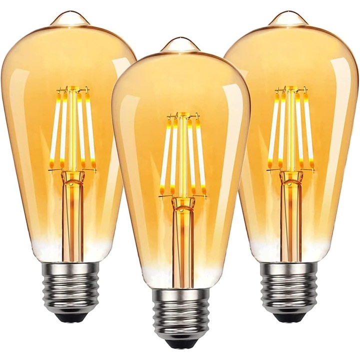 Ретро LED крушка E27 6W, кехлибарено стъкло, топла светлина 2200K, размери 64x142mm