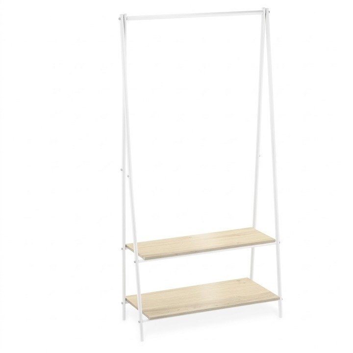 Suport pentru haine Confortime, cuier metalic cu 2 rafturi din lemn, alb/natur, 80x40x160 cm