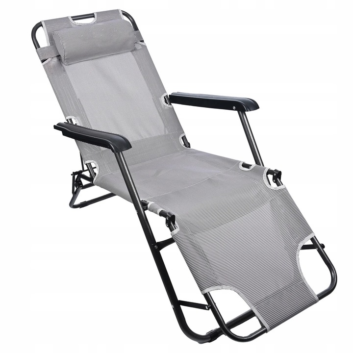 Сгъваем шезлонг, метална рамка, регулируем в 3 позиции до напълно хоризонтално положение, с облегалка за глава, 153x60 см, сив
