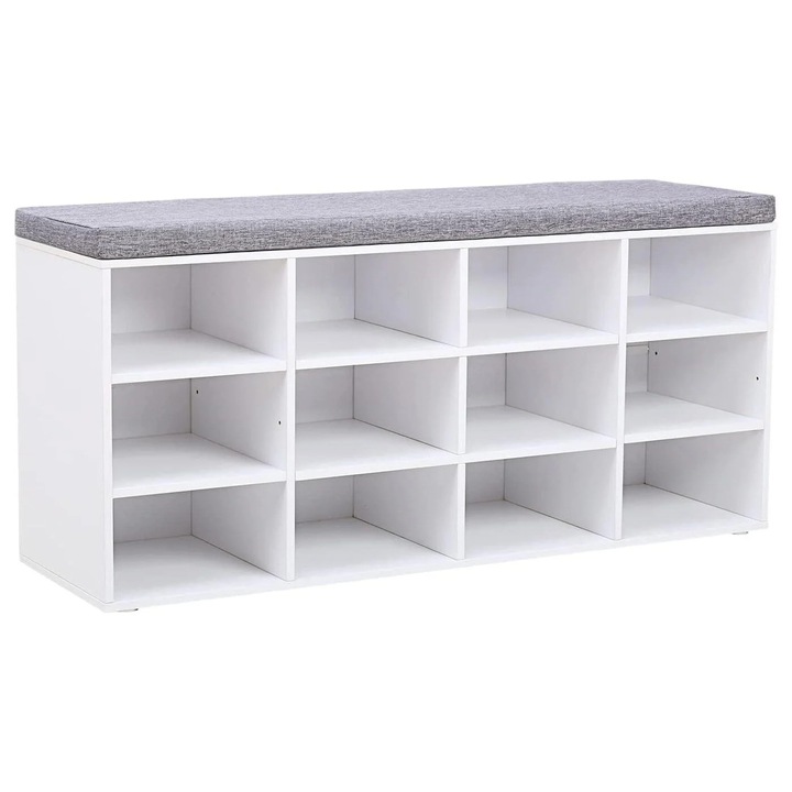 Pantofar cu banca cu 12 compartimente si perna, sarcina 136 kg, 104x30x48 cm, alb