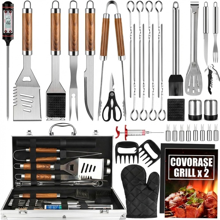 Leccik® Set Accesorii pentru Gratar, 38 de Piese, din Otel Inoxidabil, Aspect Lemn, cu Cutie de Depozitare din Aluminiu, Include Perie pentru Gratar, Manusi Termorezistente, Bete pentru Frigarui, Cleste pentru Gratar si Termometru pentru Carne