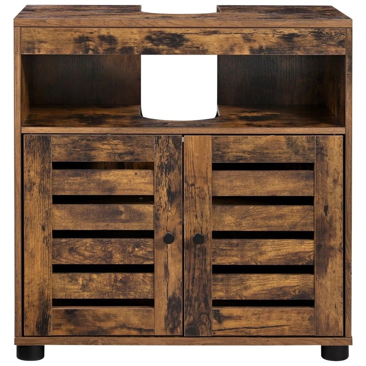 Dulap baie lavoar cu 2 usi tip jaluzea, raft reglabil, 60x30x63 cm, maro rustic