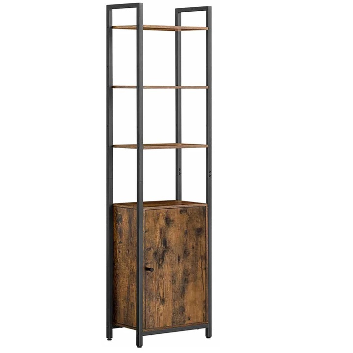 Biblioteca inalta cu 6 rafturi si dulap, cadru metalic, rafturi reglabile, stil vintage, 40x24x160 cm, maro rustic