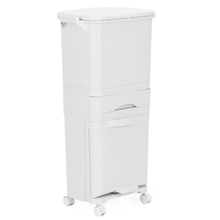 Кош за разделно събиране на отпадъци с 3 отделения на колела 42л, 42x28x83 см, компактен дизайн, бял