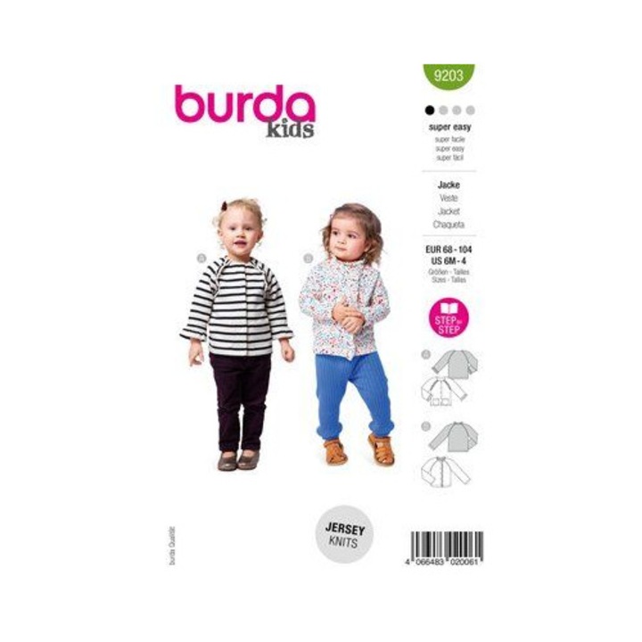 Gyermekkabátok és -dzsekik szabásmintája Burda Style 9203 többféle méretben 68-104
