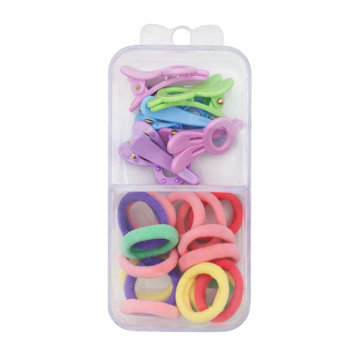 Комплект от 18 ластика за коса 1.5 см и 5 щипки 3 см модел зайче, прозрачна кутия органайзер, многоцветен