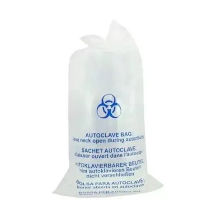 Sac autoclavabil 75x90cm, Golden Protect, 100L, rezistent la 134C, semn BIOHAZARD