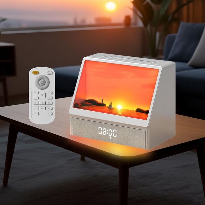Ceas Desteptator cu Lumina Sunrise Amailtom, Simulare Rasarit 15 min, 12 Sunete Naturale, Difuzor Bluetooth, Telecomanda, 10 Moduri Ambientale, Dimabil, Alb