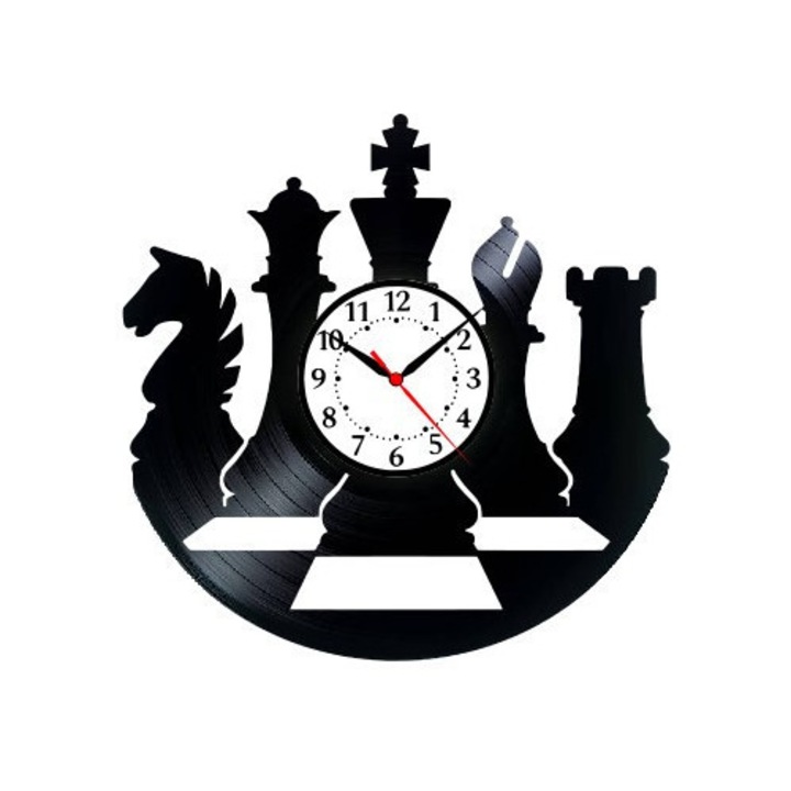 Dekoratív falióra - Sakkmester stratégia - Sakktábla mintás sakkfigurákkal - bakelit lemezből (Vinyl Record) készült, Fekete