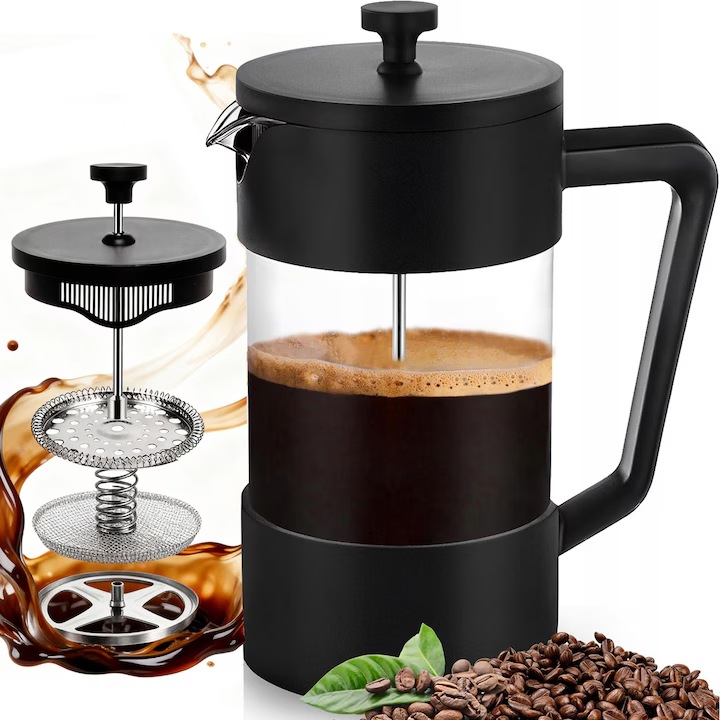 Francia kávéfőző, hőálló, robbanásbiztos üveg, 1000 ml, fekete