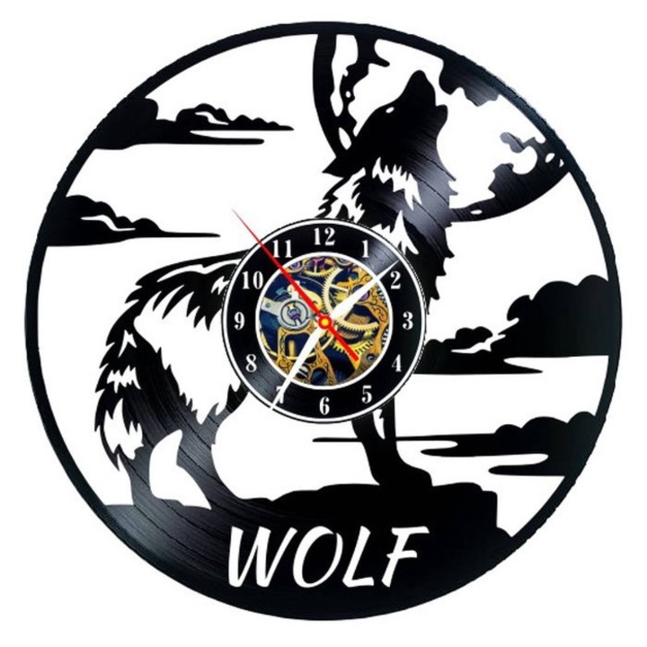 Ceas de perete decorativ, Wolf Wild Spirit, design lup, negru, 30 cm
