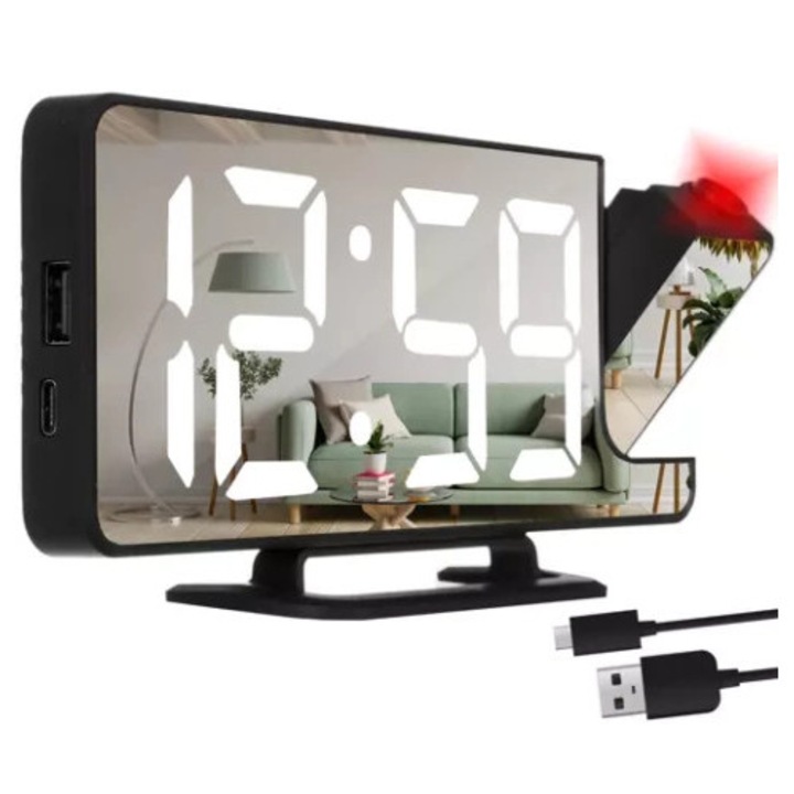 Izoxis LED ébresztőóra, 180°-os projektor, tükör, fekete, 18,5x7,5x4cm