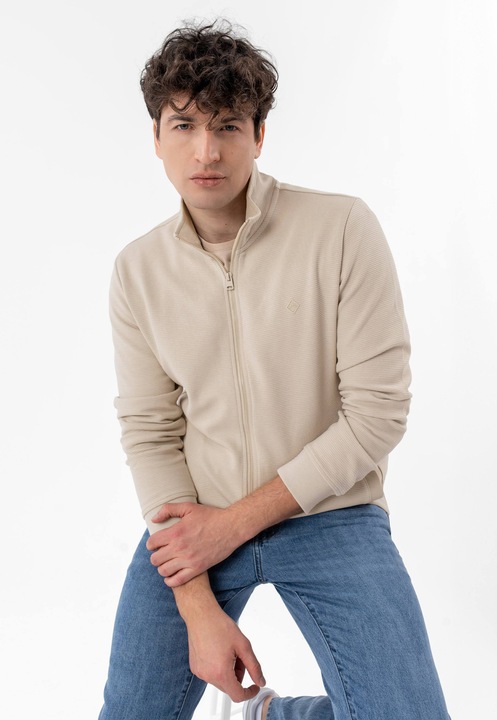 Bluze de trening din bumbac cu fermoar, cu buzunare, uni, regular fit, Volcano B-Stripe, Bej