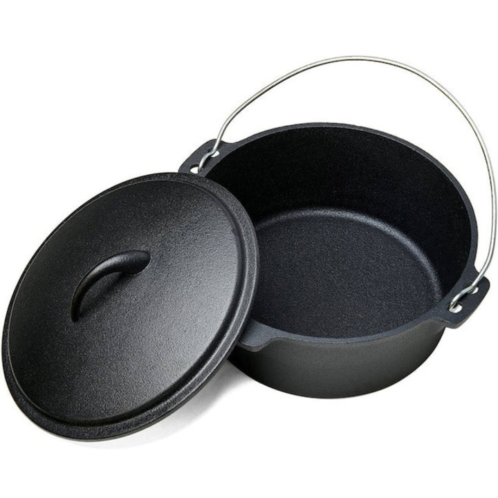 Tuci din Fonta Pura cu Capac, 3.5 litri, 4.5 kg, Diametru 25 cm, Culoare Neagra