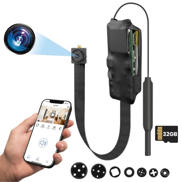 Modul cu Camera Spion iUni IP75, Wi-Fi, 32GB, Full HD, Accesorii Nasturi, Vizualizare Live pe telefon