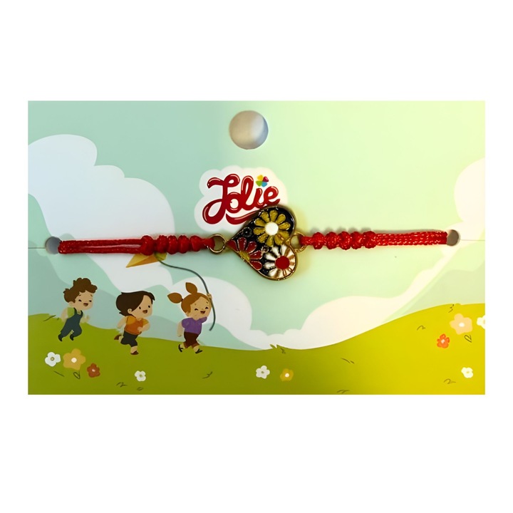 Bratara Martisor pentru Copii, Jolie, Inima cu Flori, Snur Impletit Rosu Reglabil, Multicolor