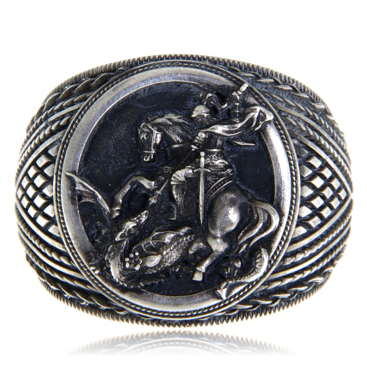 Ghiul din argint 925 oxidat, Sfantul Gheorghe, model statement, simbol religios