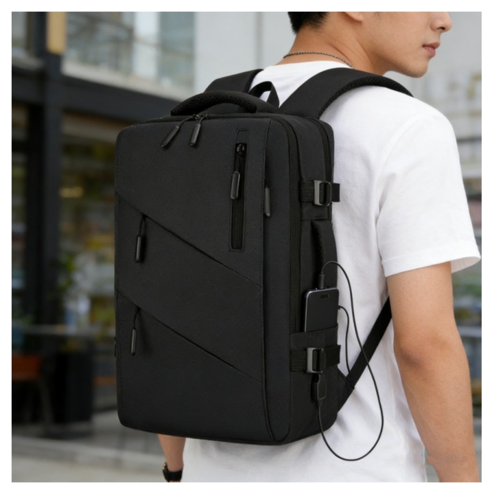 Rucsac de călătorie, impermeabil, cu port de încărcare USB, negru, 15, 6 inci