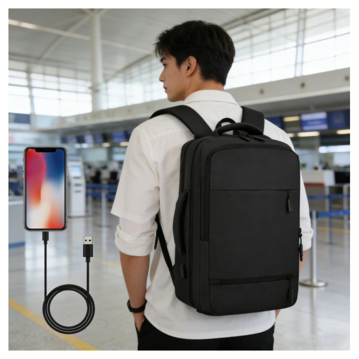 Rucsac de călătorie, impermeabil, unisex, cu port de încărcare USB, negru, 15, 6 inci