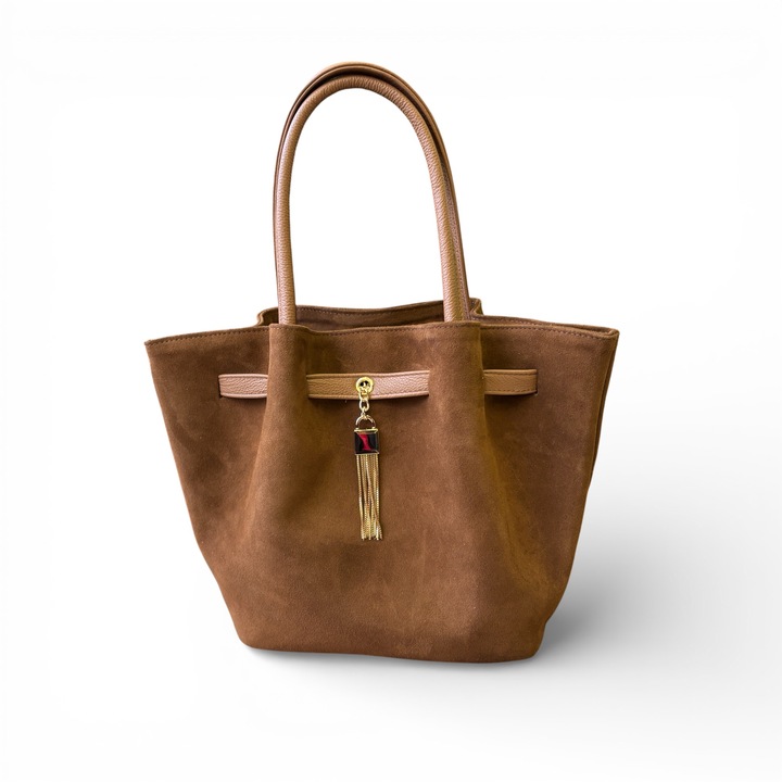 Geantă dama Zea Urban Shopper maro, piele naturală și piele întoarsă, dimensiuni 27x38x11cm