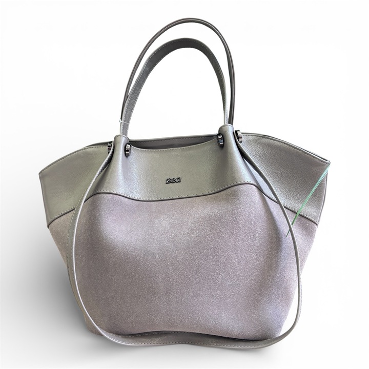 Geantă dama Urban Shopper, Zea, piele intoarsă, gri, 2 manere scurte, 2 curele lungi