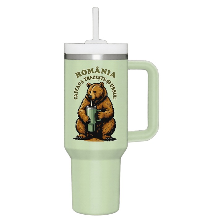 Termos inox 1300 ml, cu maner ergonomic, capac rotativ etans, culoare verde pal, personalizat tematica Romania