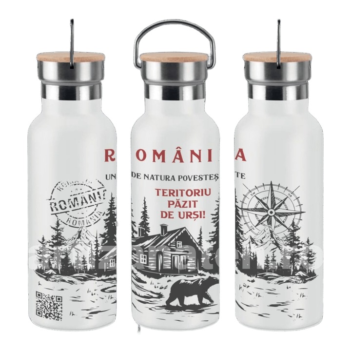 Termos 500 ml, otel inoxidabil, capac bambus, perete dublu, Alb, 70x220 mm