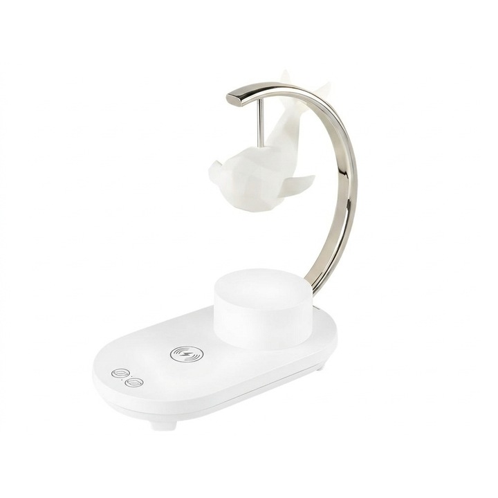 Lampa RGB Whale light cu incarcare wireless 10W, Abajur in forma de balena, difuzor Bluetooth, LED, cablu USB, 28 x 25 x 13 cm, plastic, alb