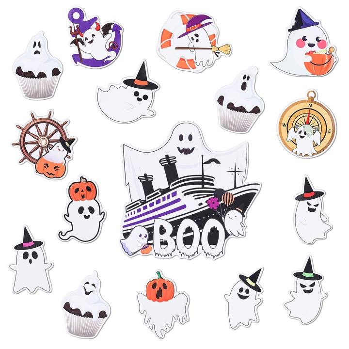 Set de 16 magneți frigider Halloween, fantome, rezistenți la apă, multicolor
