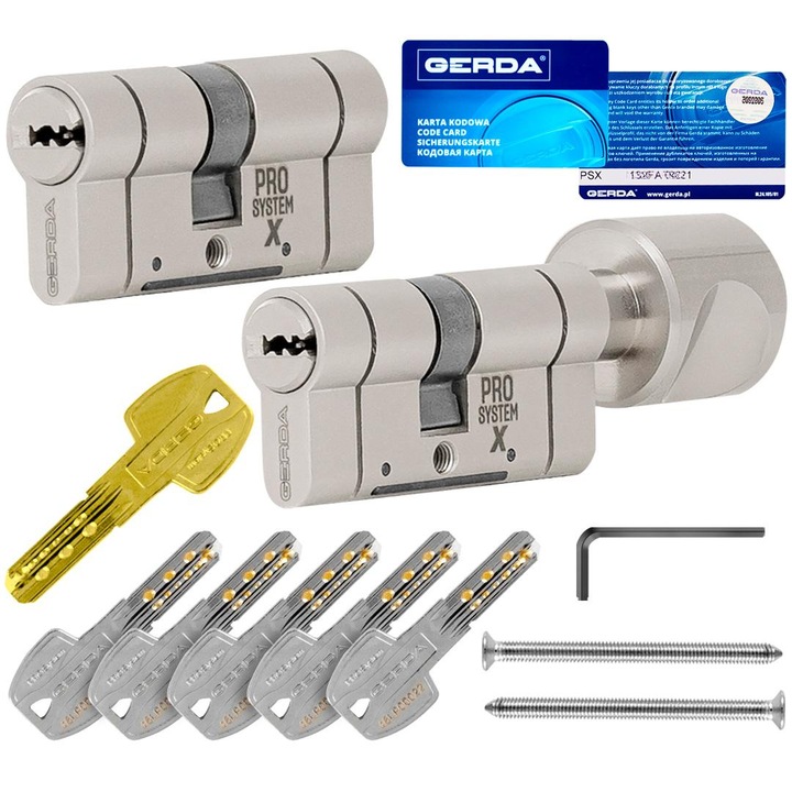 Set 2 cilindri Gerda PRO SYSTEM X 30/45mm si 45G/30mm, nikiel satinat, 5 chei ujednacita, ATEST 6D