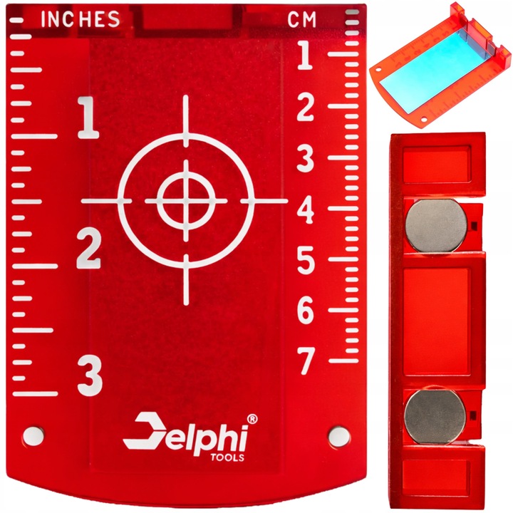 Placa tinta magnetica rosie Delphi Tools pentru nivela laser cu linii in cruce, 97x70x18mm, fixare rapida, marcaj central